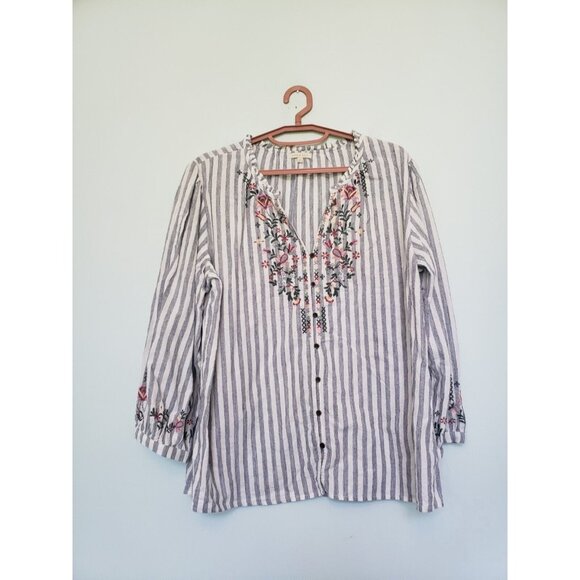 Kate & Sam Tops - Kate & Sam Women 2XL Top Button Front Blue Stripe Floral Embroidery Coastal Boho
